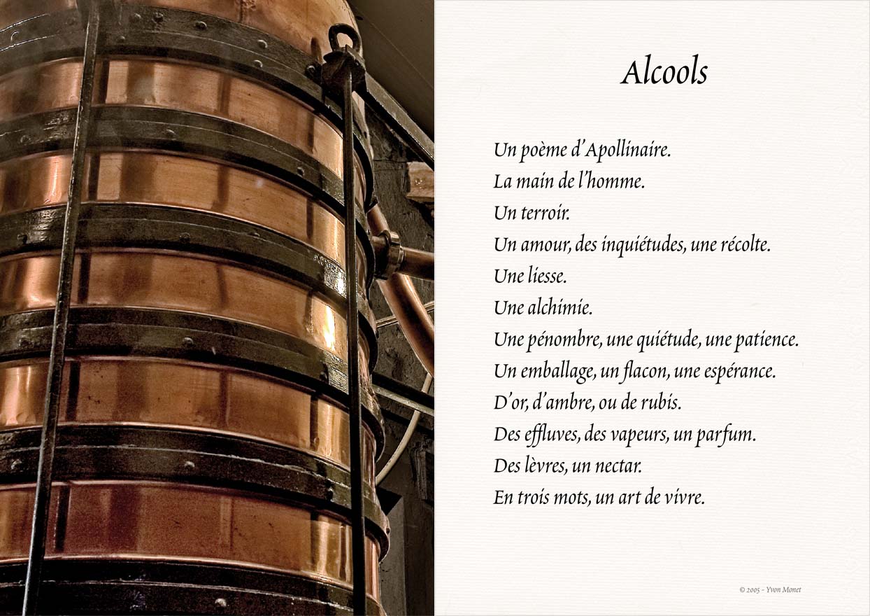 photo d’alambic et texte d’Yvon Monet sur les alcools